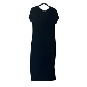 Chicos Travelers Dress 1 Medium 8 Maxi Black Acetate Slinky Hi Low Front Stretch